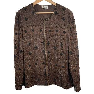 J Kara New York Vintage Beaded Silk Jacket Sequins Brown Bronze Heavy Size XL